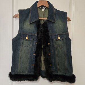 Vtg MIXIT Denim Vest Black Rabbit Fur Trim Women’s Western Boho Chic - Small